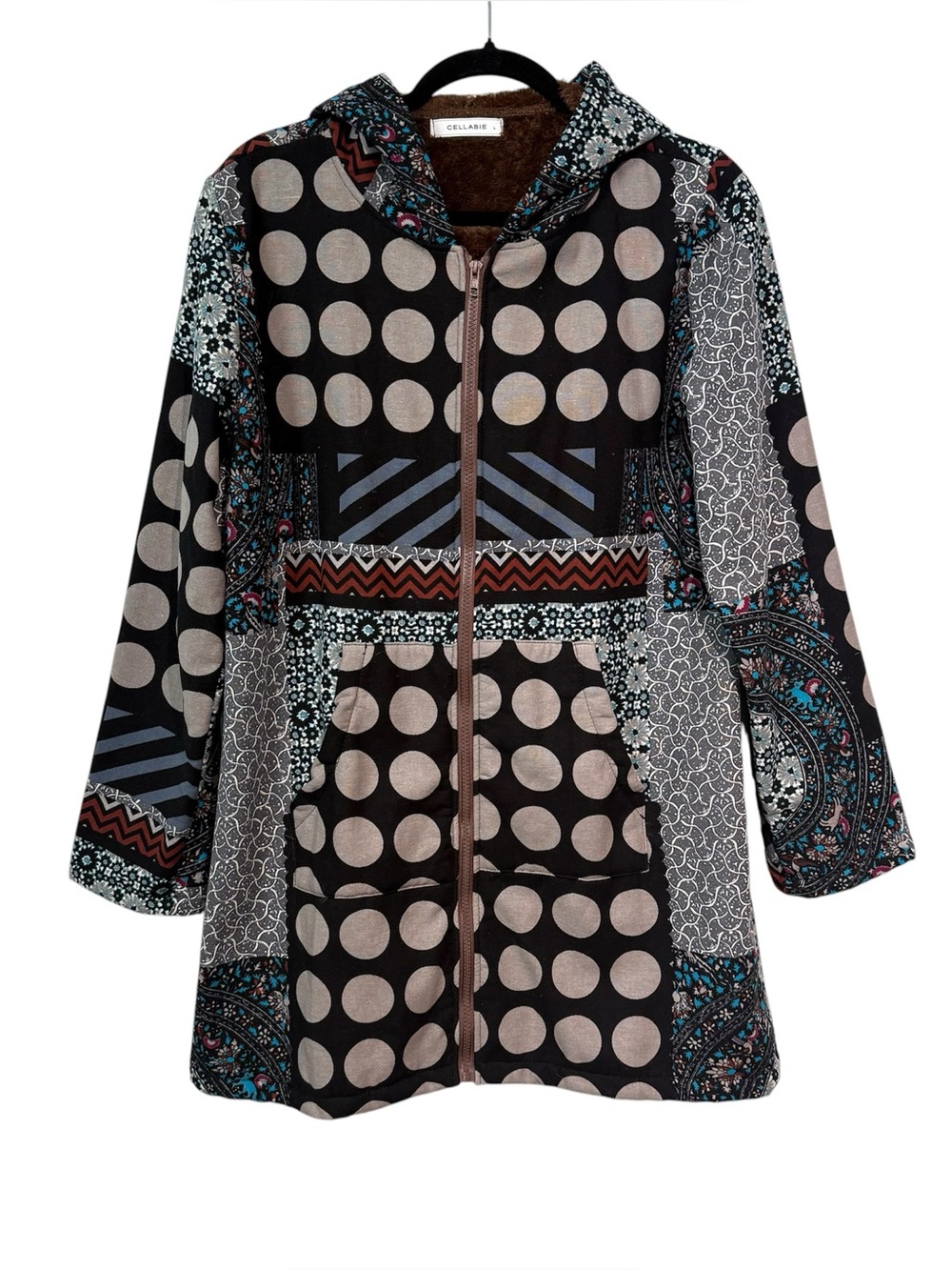 Cellabie Boho Patchwork Sherpa Lined Hooded Jacket Large